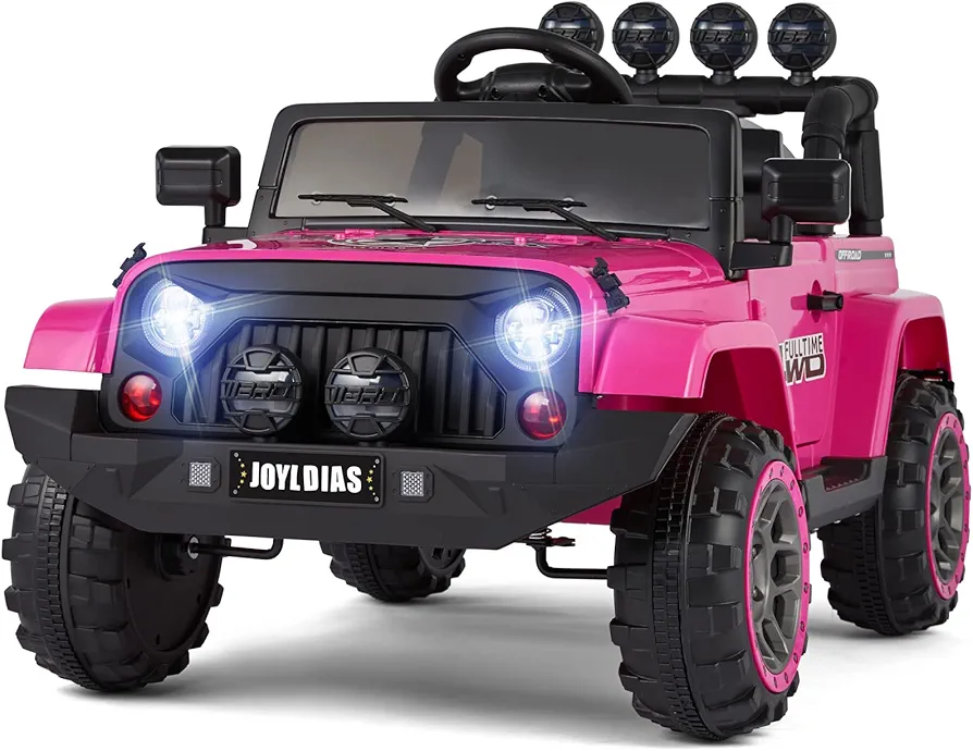 JOYLDIAS Kids Ride On Truck with Storage Space, 12V Children's Electric Car with 2.4G Parental Remote Control, Music, Bluetooth, MP3 Player, LED Lights, Spring Suspension, Pink