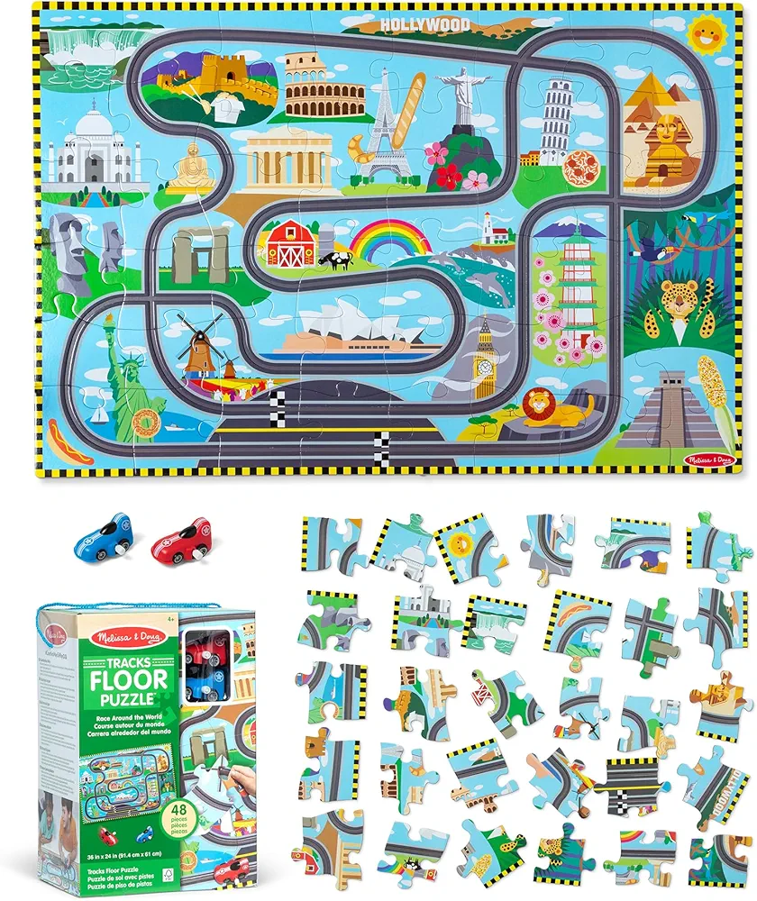 Melissa & Doug Race Around the World Tracks Cardboard Jigsaw Floor Puzzle and Wind-Up Vehicles – 48 Pieces, for Boys and Girls 4+ - FSC Certified