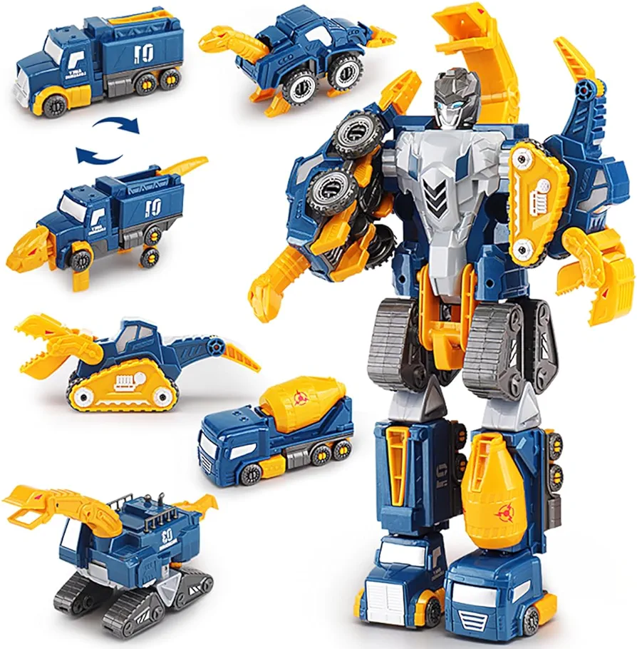 Toddler Construction Car Transform Set, 5pcs Dinosaur Rescue Robot with Magnetic Connectors, Assemble Building Trucks DIY STEM Toy, Holiday Birthday Gift for Kids Boy Girl 3 4 5 6 7 Year