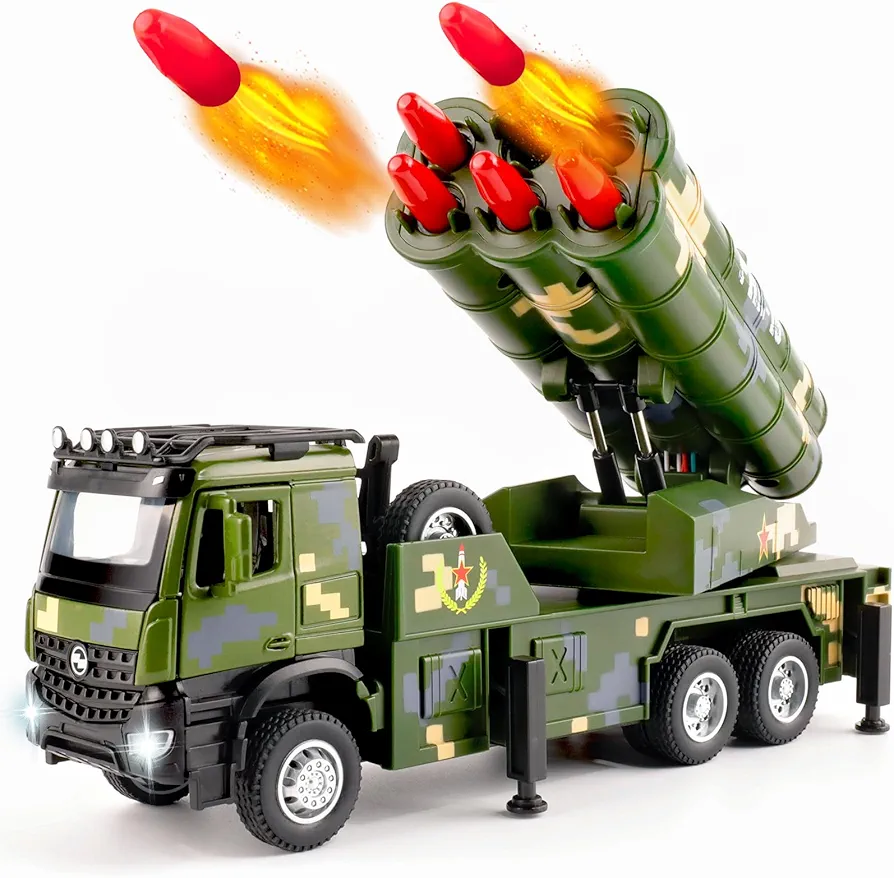 Army Toys, Military Truck Toys for Boys, 6 Missiles Launcher Truck with Light & Sound, Army Vehicle with Rotatable Turret, Die-Cast Army Toy Gift for 3 4 5 6 7 8 Year Old Boys