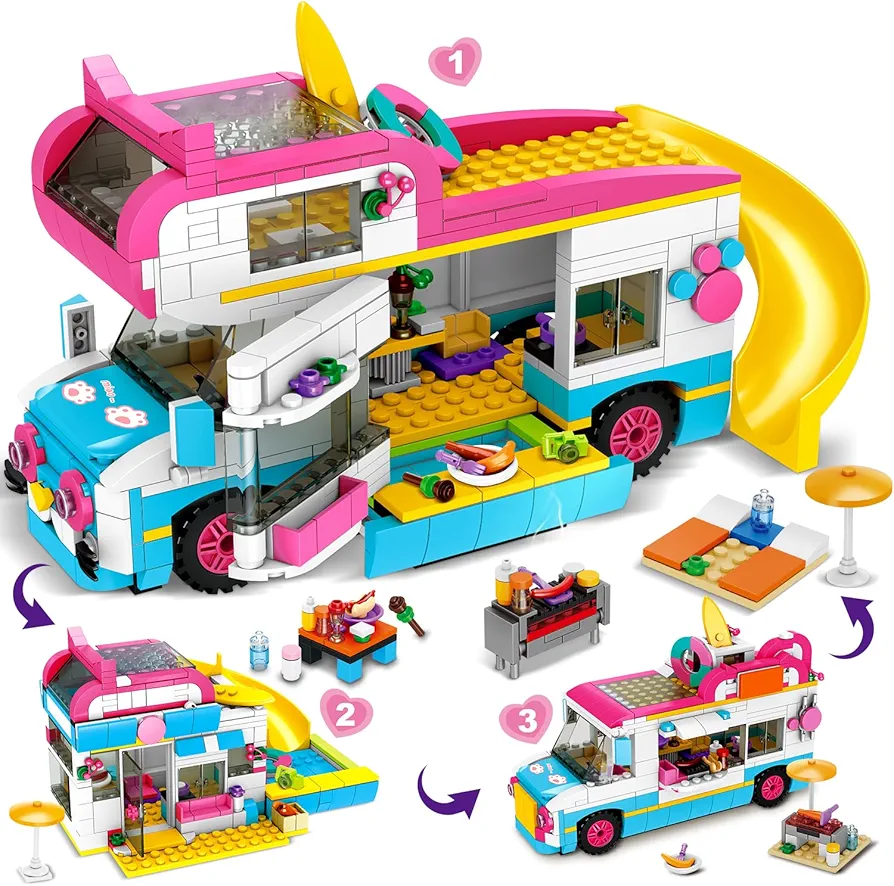 HOGOKIDS 3-in-1 Girls Camper Van Building Set - 494PCS Summer Beach Camping Building Blocks Sets | Food Truck Building Toys with Slide and Stickers | Gifts for Girls Boys Age 6 7 8 9 10 11 12+