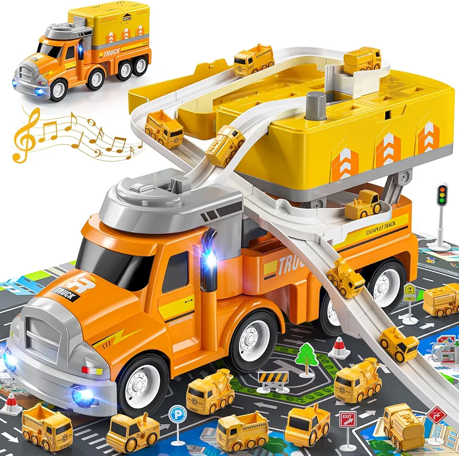 TEMI Construction Truck Kids Toys for 3 4 5 6 Year Old Boys, Toddler Car Adventure Toys for Girls, Car Carrier Toy with 8 Vehicles, Movable Truck Station Toys, Birthday Gifts for Kids Age 3-8