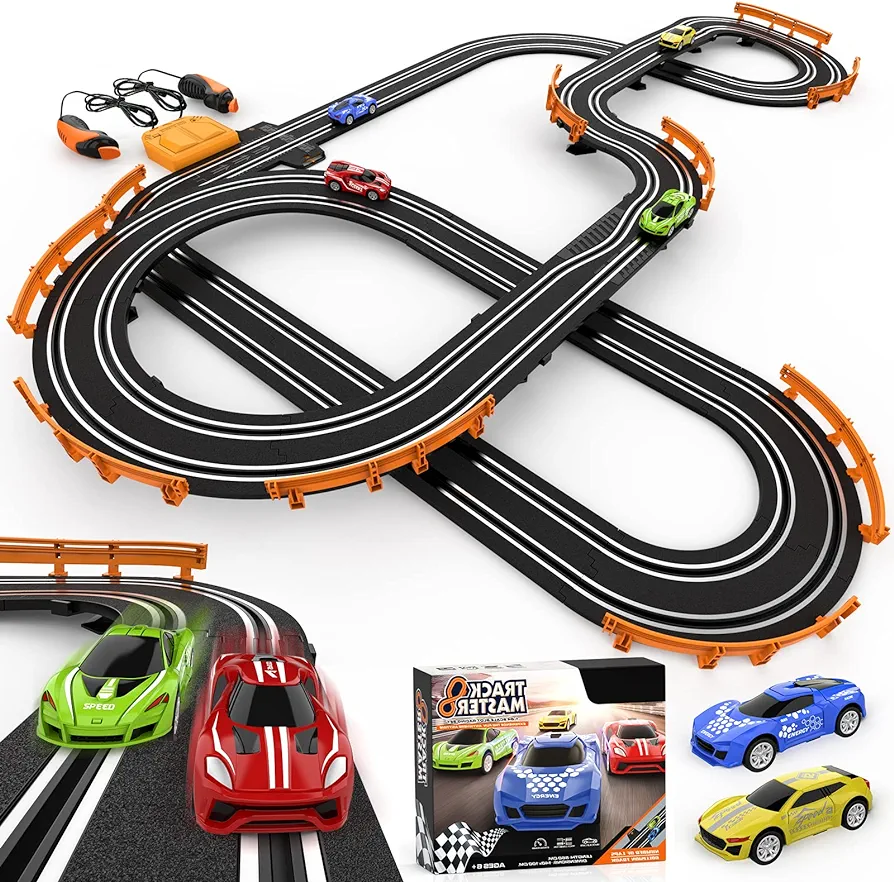 Slot Car Race Track Sets with 4 High-Speed Slot Cars, Battery or Electric Car Track, Dual Racing Game Lap Counter Circular Overpass Track, Gifts Toys for Boys Kids Age 6 7 8-12