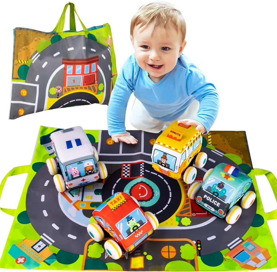 UNIH Pull-Back Vehicle Baby Toys of Soft Plush Car Set with Play Mat (Storage Bag), for Toddlers Aged 1 2 3 Year Old Gift