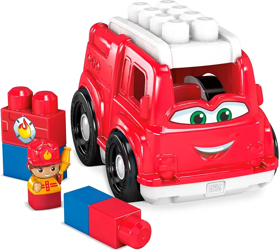 Mega BLOKS First Builders Toddler Building Blocks Toy Set, Freddy Firetruck with 6 Pieces and Storage, 1 Figure, Red, Ages 1+ Years