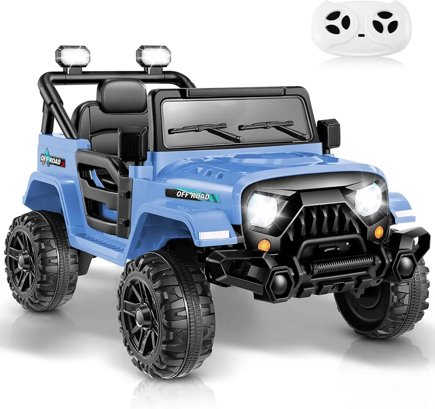 Hikole 12V Ride on Toys for Boys Girls with Remote Control, Kids Battery Powered Vehicles w/LED Lights, Bluetooth, Music, 3 Speeds, Soft Start, Ride on Jeep Car for Toddlers4-8 Greyish Blue