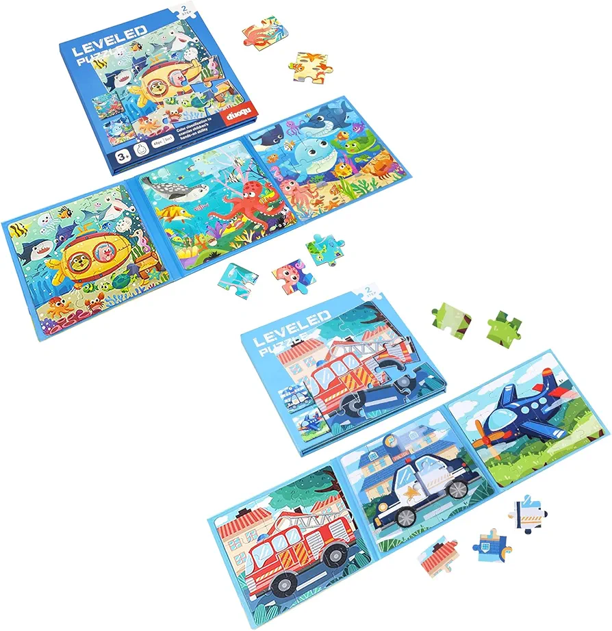 Bundle of Vehicle Puzzles and Ocean Theme Jigsaw Puzzles for Toddler, Magnetic Puzzles for Kids Ages 3 4 5 6, 3 in 1 Travel Toys and Travel Games for Boys and Girls