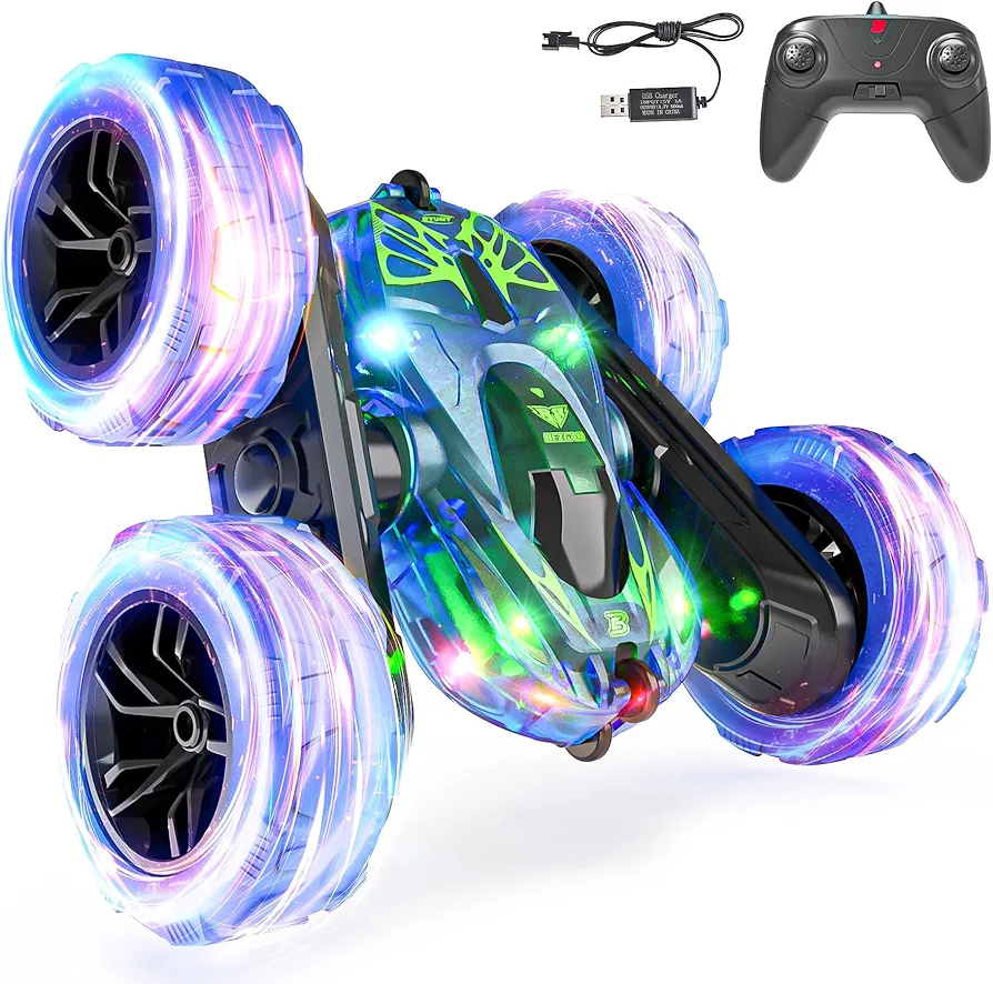 BEZGAR Remote Control Car - Double Side 360 Flips RC Stunt Cars with 10 Lights, 2.4GHz 4WD All Terrain RC Cars with Rechargeable Battery, Outdoor Car Toys Birthday Gifts for Kids