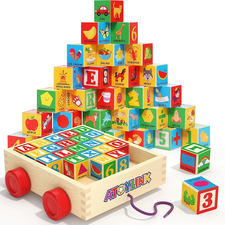 Atoylink ABC Wooden Building Blocks for Toddlers 1-3, 30 Pcs Alphabet & Number Stacking Toys with Storage Pull Toy Car Learning & Education Montessori Toys for 1 2 3 Year Old Baby Boy Girl Gifts