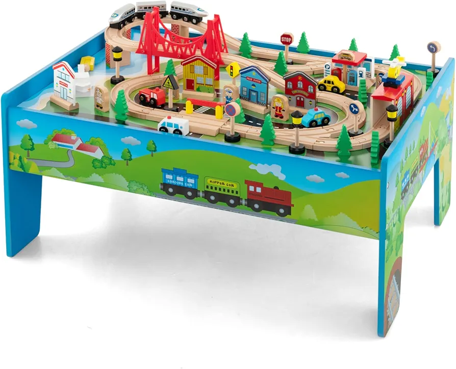 HONEY JOY Train Table, Wooden Kids Activity Table w/ 80 Multicolor Pieces, Tracks, Trains, Cars, Toddler Toy Train Table Set w/Reversible Tabletop, Gift for Boys Girls Ages 3+ (Blue)