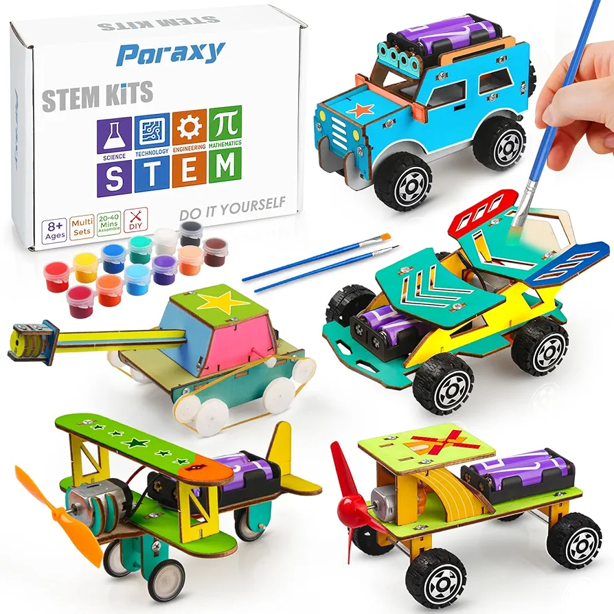 Poraxy STEM Kits for Kids Age 8-10, 5 Set Wooden Model Car Kits, STEM Toys for Ages 8-13, 3D Puzzles, Science Kits Educational Crafts Building Projects, Gifts for 8 9 10 11 12 13 Year Old Boys Girls