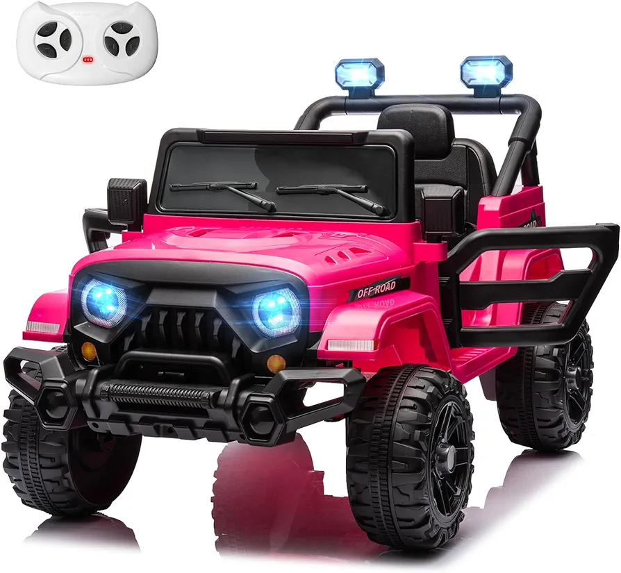 12V Kids Electric Ride on Truck Car Remote Control, Twin 35W Motors 3.5MPH Max Speed, Bluetooth USB Music Player, 4 Wheels Suspension LED Lights Safety Belt, Gift for Boy & Girl-Rosy