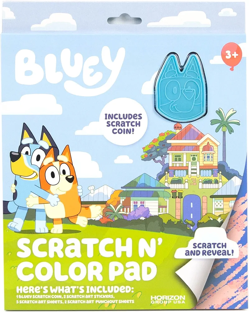 Bluey Scratch ‘n Color Pad, 9-Page Activity Coloring Book, Includes Scratch Art, Stickers for Kids, Bluey Toys, On the Go Activity Playset, Bluey Toys for Toddlers 1-3, Great Gift for Kids Ages 3 & Up