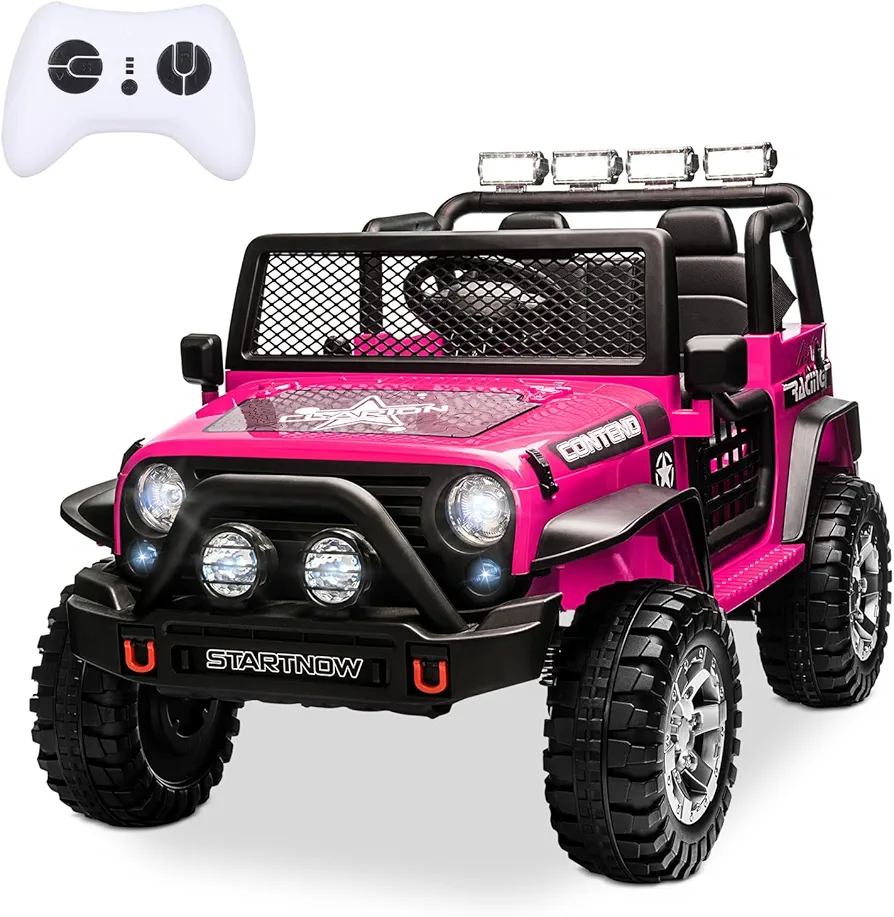 SEHOMY 2-Seater Kids Ride On Truck Car with Remote, 12V Battery Powered Electric Car for Kids 3 - Spring Suspension, LED Lights, Safety Belt, Music, Horn, 4 Wheeler kids' electric vehicles Pink