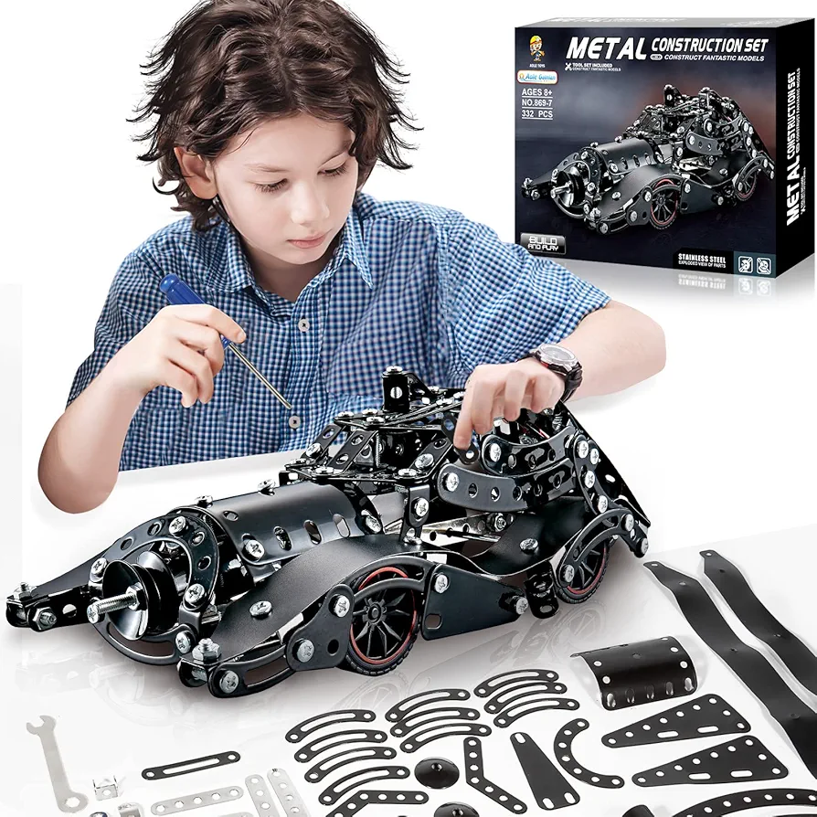 Erector Sets for Boys Age 8 9 10 11 12-16 and Older, 332 Pcs Batman Model Car Building Set for Kids Ages 8-12 Year and Up Metal STEM Educational Toy for Kids Boys Girls or Adults