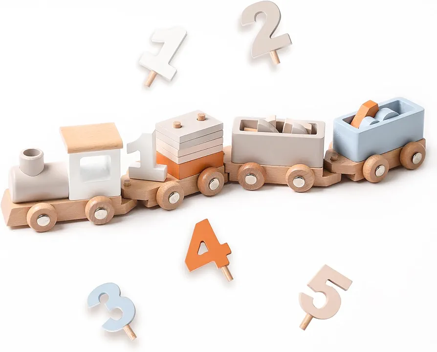 Montessori Stacking Toys for Toddlers 1-5 Wooden Train Set for Babies Wood Train Toys Classic Wooden Cars with Numbers and Blocks for Boys Girls 1 2 3 4 5 Birthday Gift