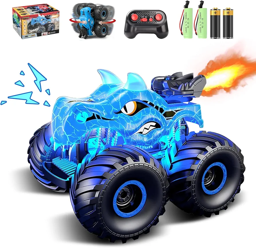 Remote Control Monster Truck, 2.4GHz RC Cars with Light, Sound & Spray, Monster Trucks for Boys Girls, All Terrain Dinosaur Toys with 4 Batteries, Festive Birthday Gifts