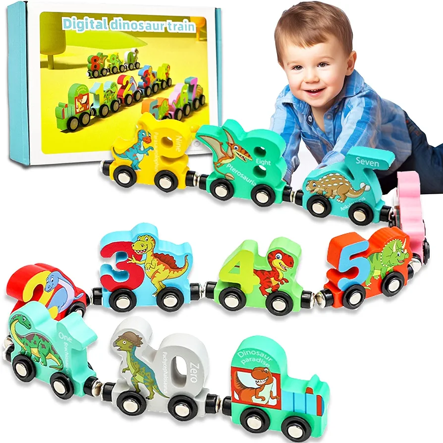 Dinosaur Toddler Toys - 11 Magnetic Wooden Dinosaur Train Set,Toys for Ages 2-4 5-7, Montessori Toys for 1 Year Old, Kids Sensory Toys for 2 3 4 5 Year Old Boys Girls, Christmas Birthday Easter Gifts