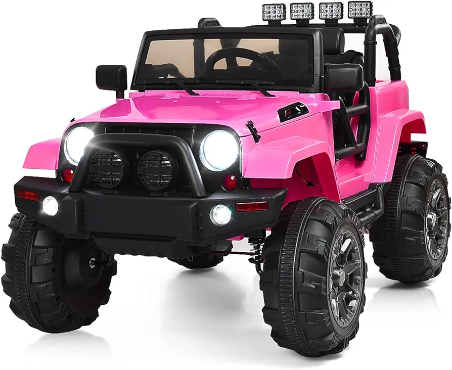 Costzon Ride On Car, 12V Battery Powered Electric Ride On Truck w/Parental Remote Control, LED Lights, Double Open Doors, Safety Belt, Music, MP3, Spring Suspension (Pink)