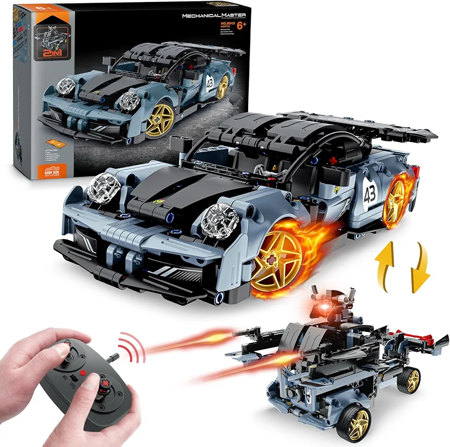 Sports Car Building Kit, 2 in 1 Stem Building Toy with Remote Control, Technique Race Car Building Toy for Kids, Birthday Gift Idea for Boys 6 7 8 9 10 11 12 Years Old (449 PCS)