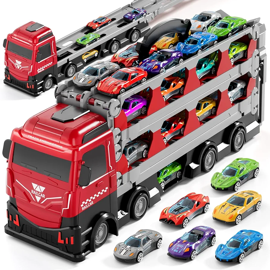 78-Inch Cars Trucks Toys for Toddler 1-3 2-4 3-5 4-7 Years Old Boys Kids, Transport Truck Toys with 24 Pcs Die-Cast Cars, Toys Gifts for 3 4 5 6 Year Old Boys, Toddler Boy Toys Ages 3-5 4-7