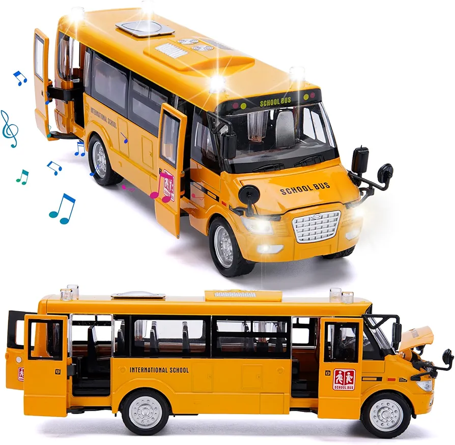 School Bus Toy, Die Cast Pull Back 9'' Model Cars, with Lights & Sounds, Openable Doors, Large Yellow Metal Toy Vehicles, Play Bus for Boys Girls Kids Toddlers Ages 3+