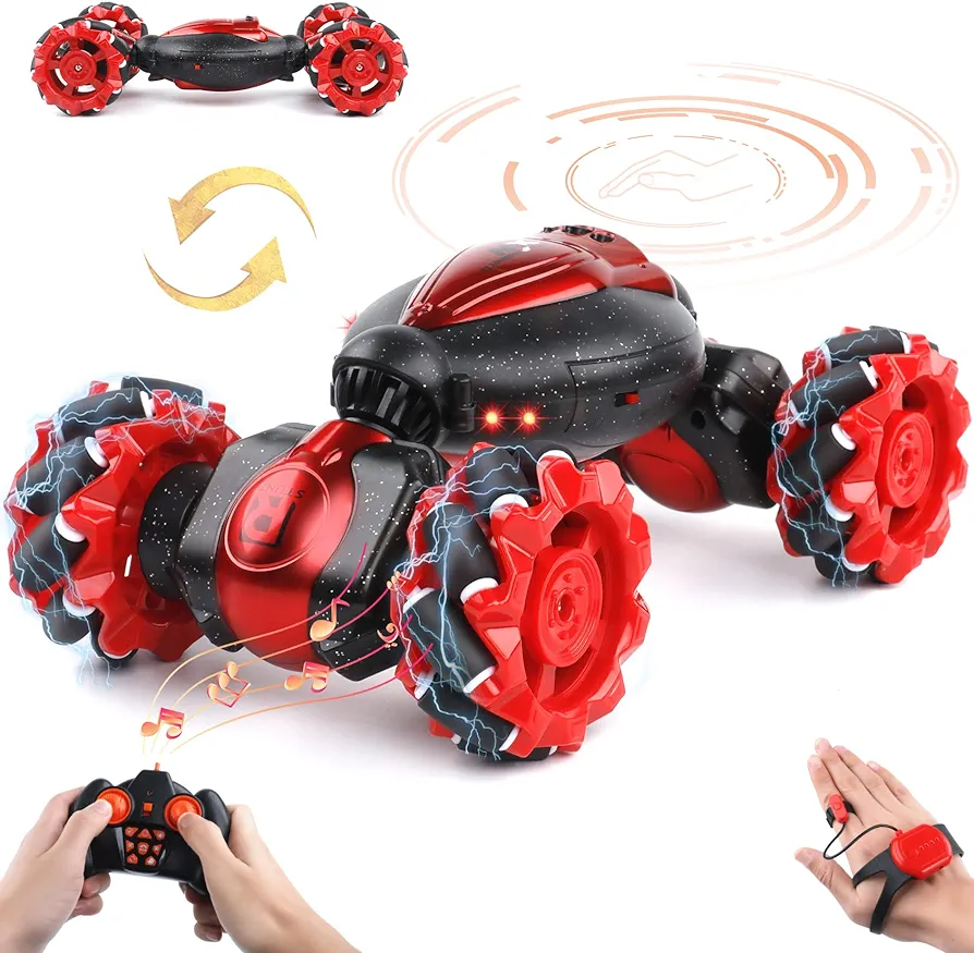 BIRANCO. RC Stunt Car Gesture Sensing - Christmas Red, 2.4GHz 4WD Hand Controlled Double Sided Remote Control Car with Music & Lights, Kids Toy, Gift Ideas for Boys Age 5-12 Years Old