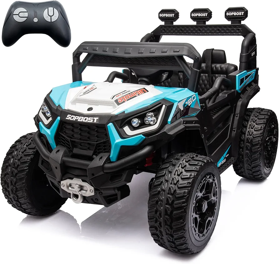 sopbost 24V 9Ah Kids UTV Ride On Car with Remote Control 4WD Battery Powered Ride On Toys Off-Road Electric Car for Boys Girls, Music Play, Blue & White