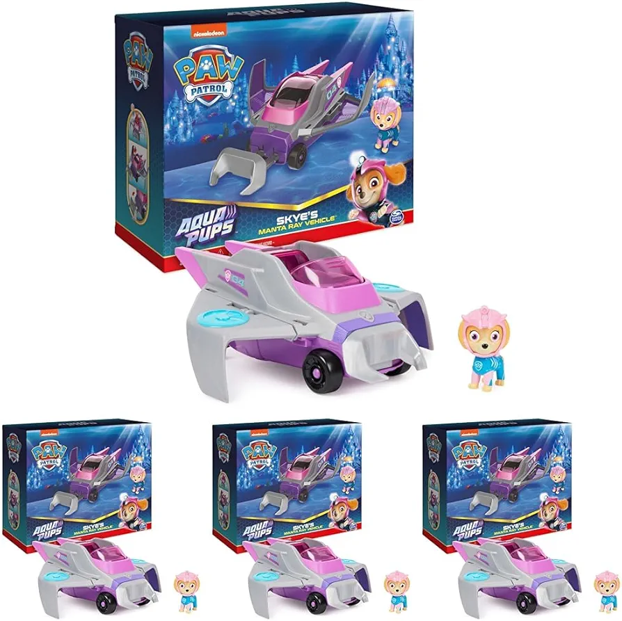 Paw Patrol Aqua Pups Skye Transforming Manta Ray Vehicle with Collectible Action Figure, Kids Toys for Ages 3 and up (Pack of 4)