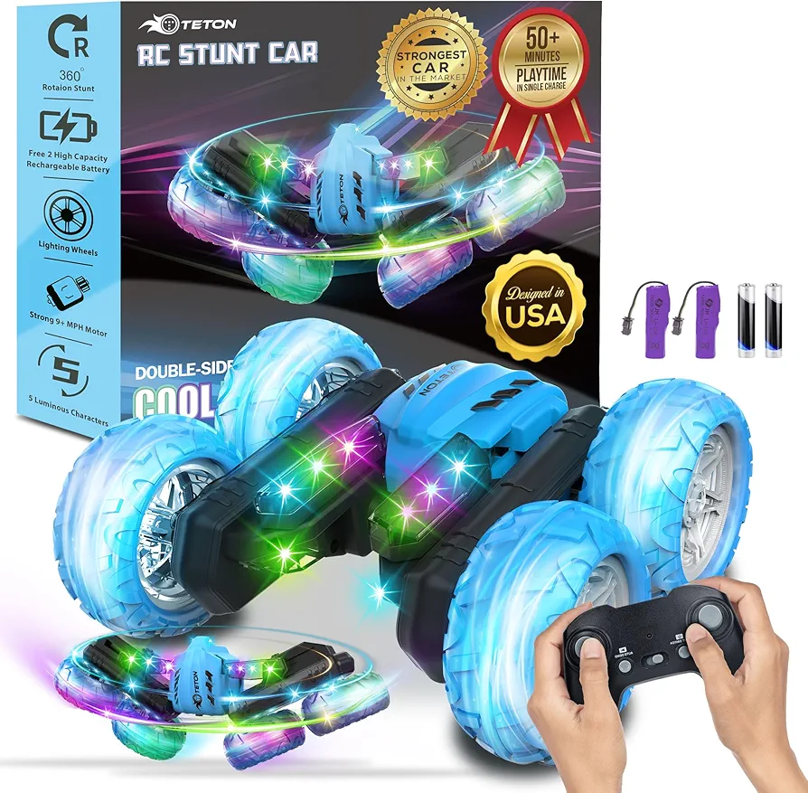 RC Stunt Car Double Sided roll,360°Rotating Teton Remote Control Car-LED Headlights and New Colourful Light Wheels,All Terrain 4WD,Rechargeable Toy Cars for 6-12 Year Boys Girls Birthday Gift