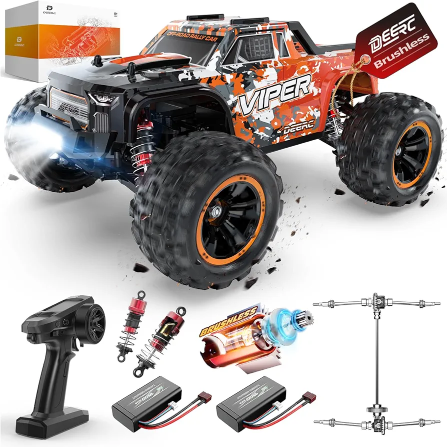 DEERC H16R Brushless Fast RC Cars,1:16 52KM/H High Speed Remote Control Car,4X4 All Terrains RC Monster Truck,Waterproof Off-Road Hobby Electric Vehicle Car Gift for Adults Boys,2 Li-ion Batteries