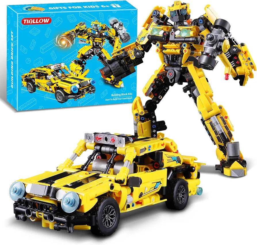 Transform Robot Building Blocks Set Toys for Boys Age 8-12，2-in-1 Transforming Mecha Robot Car Building kit for Adults ，Christmas Birthday Gift (Yello)