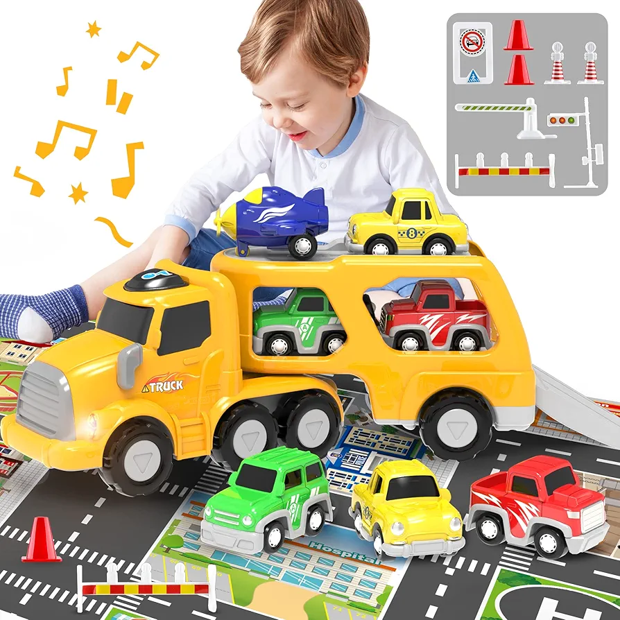 BELLOCHIDDO Toddler Toys Car for 2 3 4 5 6 Year Old Boys - STEM Educational Construction VehicleToys with Play Map - Transport Carrier Truck for Kids with Light Sound, Gift Car Toys for Toddlers 1-3