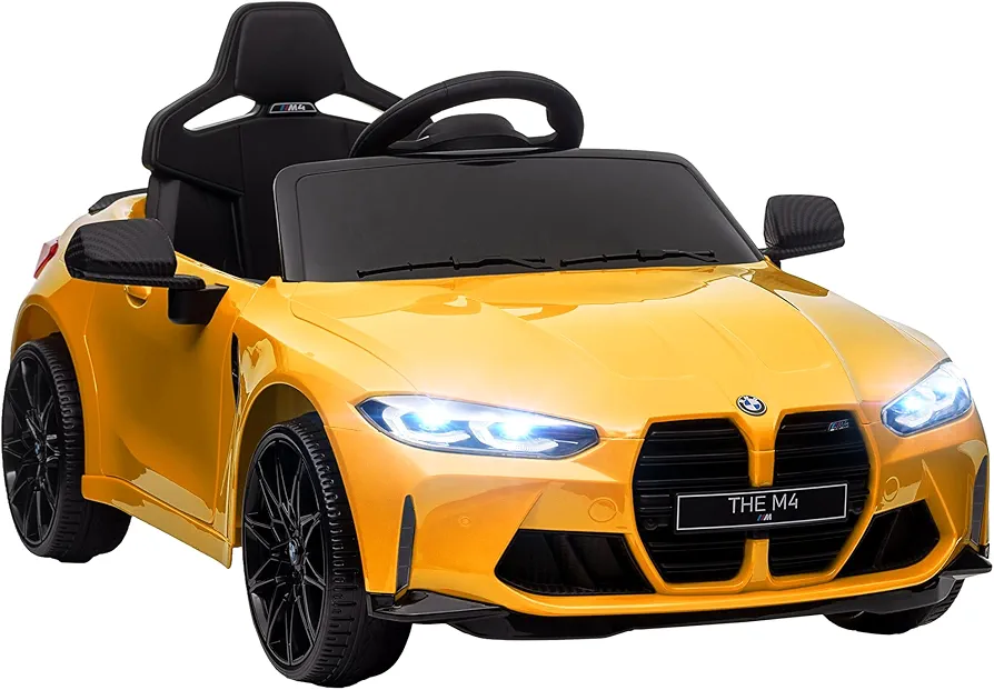 Qaba BMW M4 Licensed Kids Electric Car, 12V Ride On Car with Parent Remote Control, Suspension, Handle Attachment, Battery Powered Kids Car with LED Lights, Music, Soft Start, Yellow