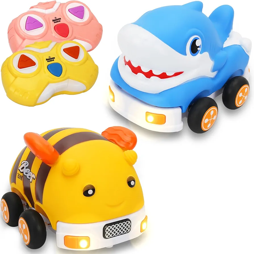 Remote Control Car for Toddlers, 2 PC Cartoon RC Cars with Sharks & Bees Car,Remote Control Car Toys Birthday for Boys 3 4 5 6 7