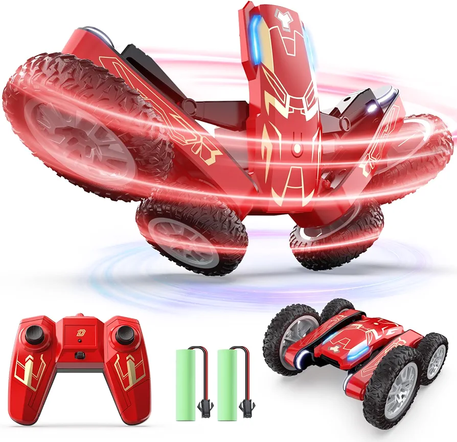 DEERC Iron Remote Control Car - Double Sided Mini RC Stunt Car, 360°Rotating 4WD Off-Road RC Cars with Headlights 2.4Ghz Indoor/Outdoor Rechargeable Toy Car for Boys Girls Age 4-7 8-12 Birthday Gift