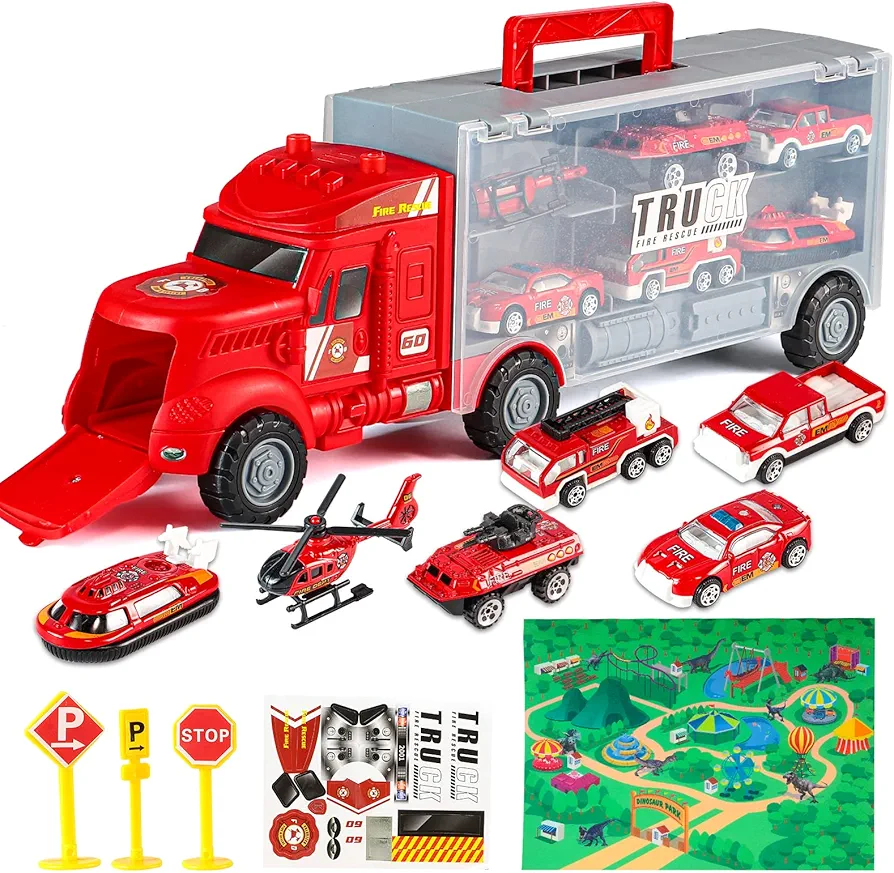 17 in 1 Fire Car Carrier Truck Toy Set with Sound and Light, Transport Car Carrier with 6 Mini Rescue Emergency Fire Cars and a Play Map, Fire Trucks for Boys Age 4-7 Kids Boys & Girls (Fire Truck)