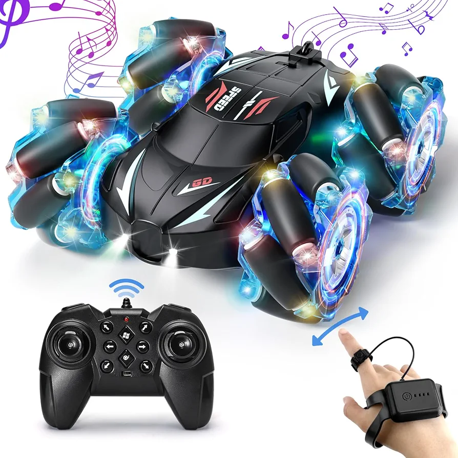 RC Stunt Car, 2.4GHz 4WD Gesture Sensing Remote Control Car with Cool Light and Music, Double-Sided 360° Flips RC Cars for Boys Age 6-12 8-12 Birthday Gifts Toy Cars(Blue)