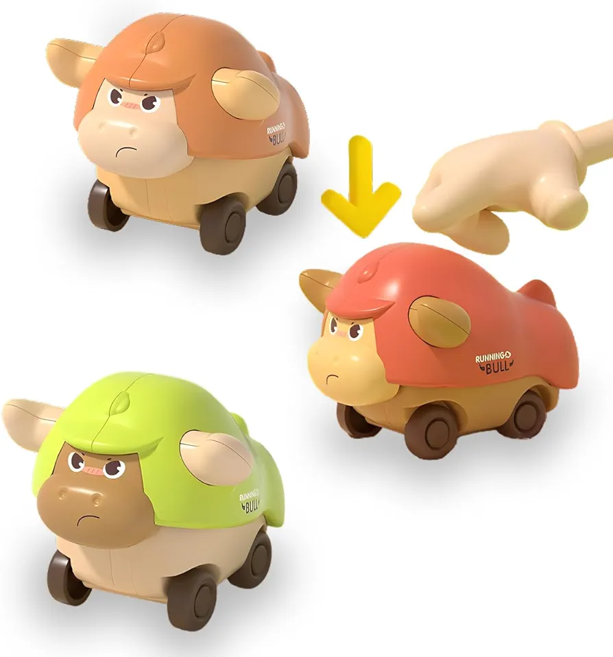 Baby Car Toys for Toddlers 1-3, 3 Pcs Animal Press and Go Baby Cars, Birthday Gifts to Boys and Girls (Bull)