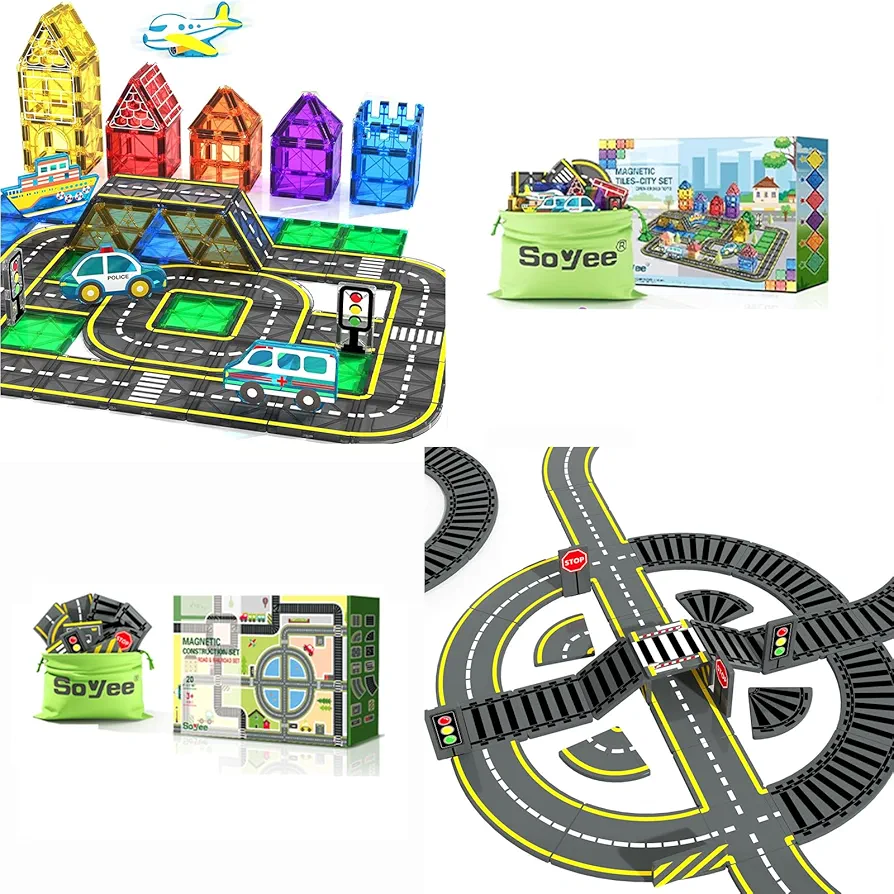 Magnetic Tiles Road Cars Toys Magnetic Building Blocks Boys Toys Road & Train Track Expansion Pack Magnetic Building Blocks Construction Toys Kids Toys for Ages 3-12 Boys Girls Building Toy