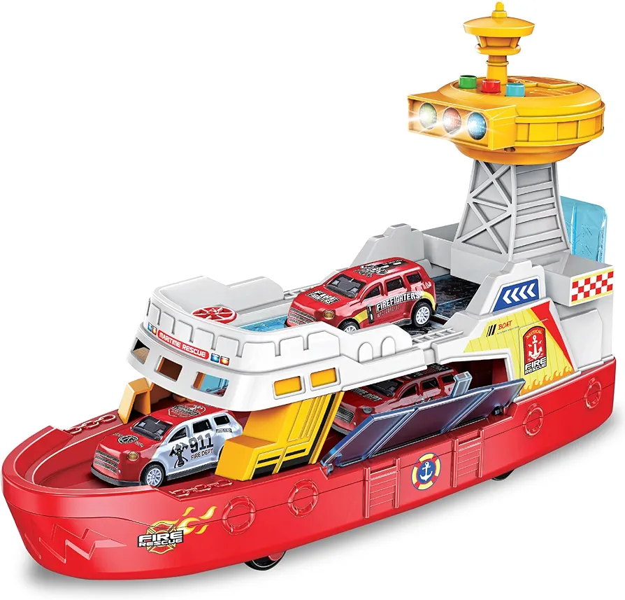 ArtCreativity LED Ferry Boat Toy with Sounds - Colorful Coast Guard Toy Boat with Wheels & 3 Alloy Metal Cars - Light Up Toy Boat for Boys Ages 3 4 5 6 7 - Ferry Toy with Cool Toy Cars