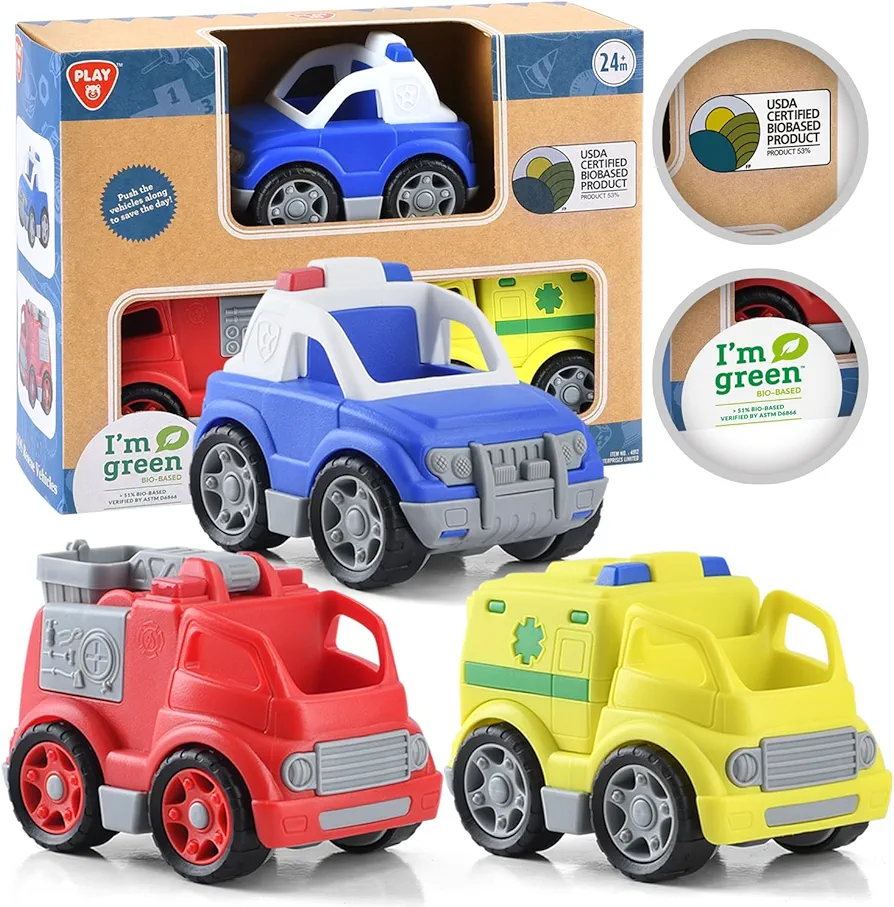 PLAY Eco-Friendly 3 in 1 Emergency Vehicle Toy Set, [USDA Certified] No BPA/Phthalate/PVC, Recycled Bioplastic Rescue Vehicle with Fire Truck, Police Car & Ambulance Toy