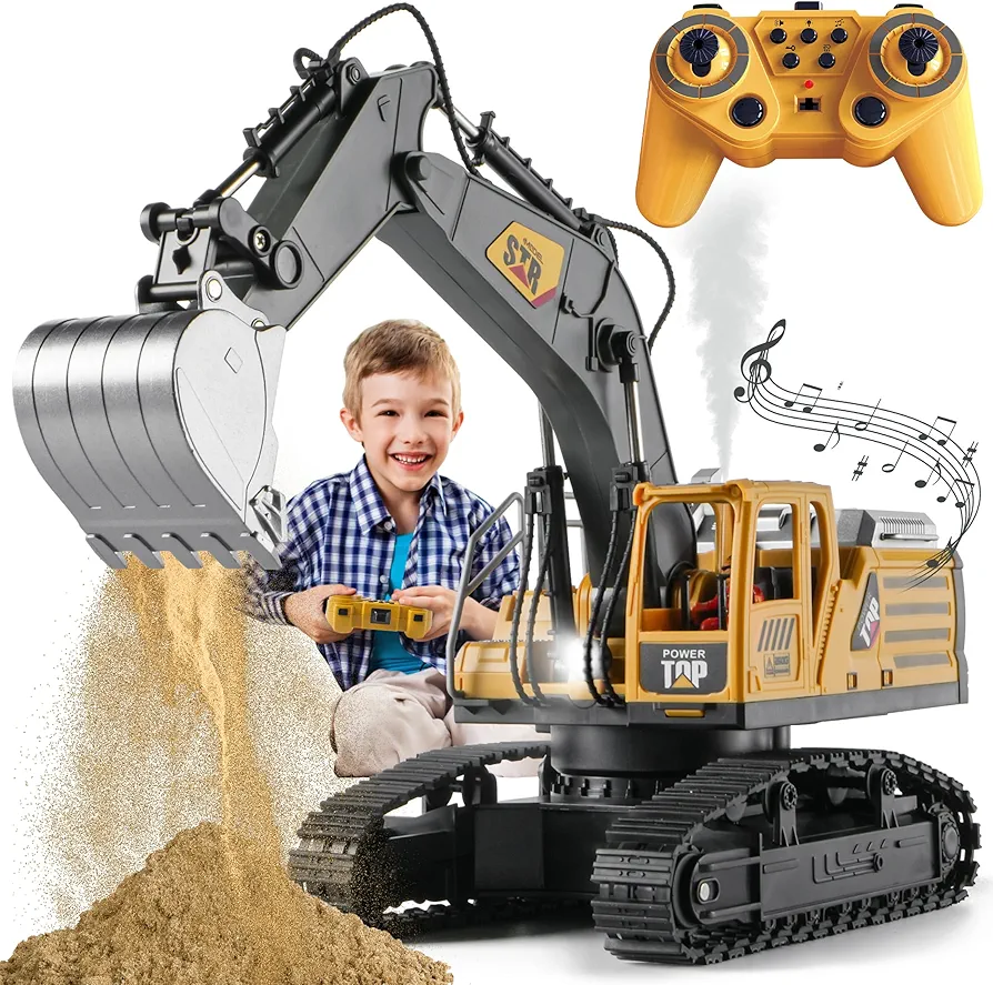 Remote Control Excavator Toys for Boys,14 Channel 1:14 RC Digger Construction Toys Tractor,Simulated Smoke, Sound, Lighting, Metal Digging Head, for Boys 6 7 8 9 10 11 12