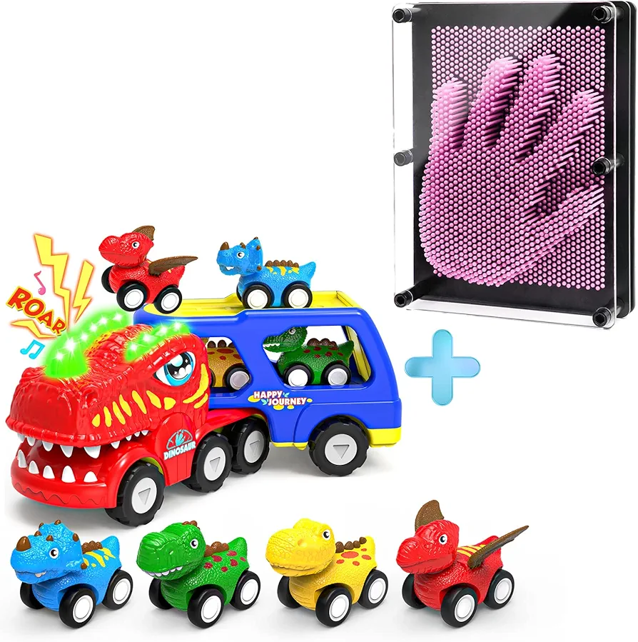 Large 3D Pin Art Sensory Toy (Pink) and 5 in 1 Friction Powered Dinosaur Toy Trucks with Flashing Light & Sound Bundle, Toddler Toys with 4 Dino Toy Cars for 1 2 3 4 5 6 7 8 Year Old Kid Boys Girls