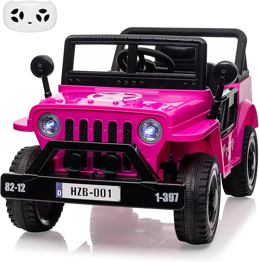 12V Electric Ride-On Truck Car for Kids with Remote Control, Mp3, Led Lights, Double Doors, Suspension System, Safety Belt - Ride-On Toy for Boys and Girls Aged 3-8 Years-Pink