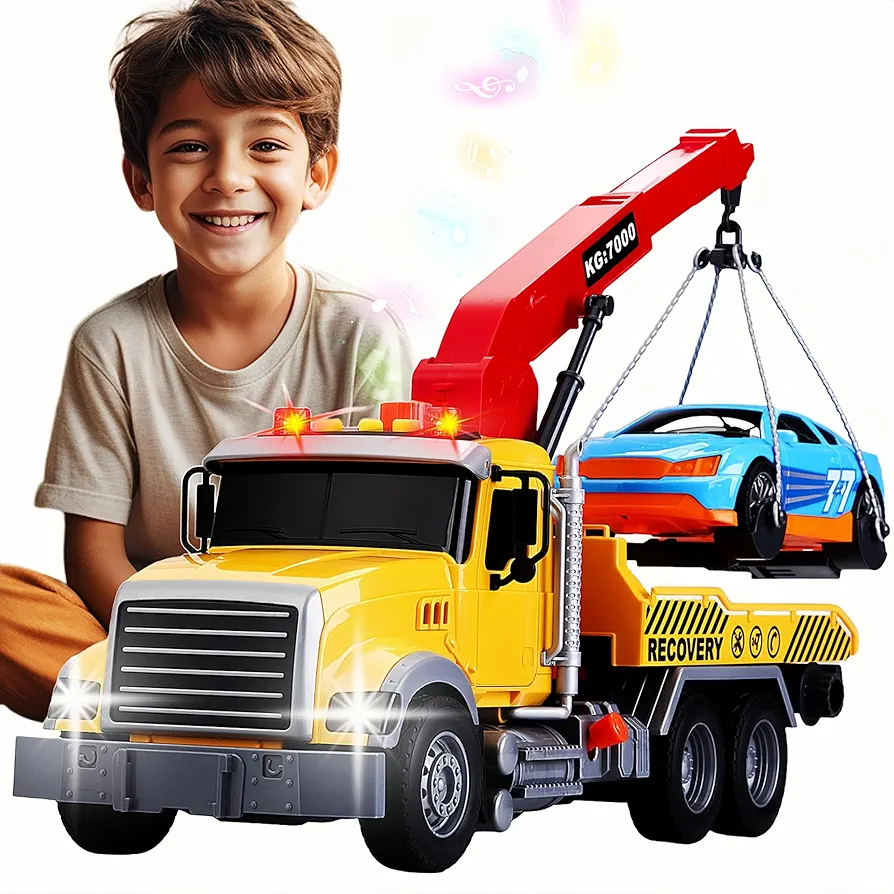 Kids Tow Truck with Car Toys for Boys Ages 4-7, Large Tow Truck Toys with Working Hook Lights and Music Rescue Toys for Kids 8-12 Birthdays