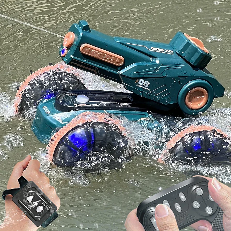 Amphibious Remote Control Car Boat Boys Toys 6 7 8 9 10 11 12 Year Old boy Birthday Gift, Gesture Sensing RC Car Shoot Water Battle Boat for Pool Toys for Kids Ages 4-8-12-13 (Green