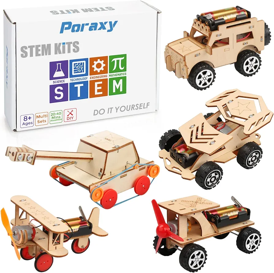 Poraxy 5 in 1 STEM Kits for Kids Age 8-10, Science Building Projects Craft for 8-12, Model Car Kits, Toys for Ages 8-13, Wooden 3D Puzzles, Birthday Gifts for 7 8 9 10 11 12 13 Year Old Boys and Girls