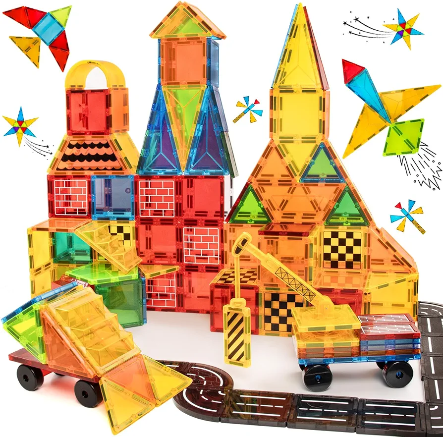 Magnetic Tiles for Kids Ages 4-8, Magnet Tiles Road Set with Crane, Montessori Toys Gift for 3 Year Old Girls and Boys