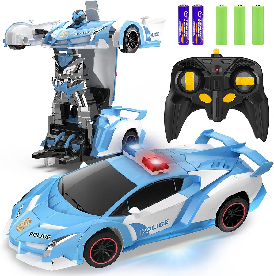 Transforming Police Car RC Toy, 1:18 Scale with Flashing Lights, 360° Rotation - For Kids Age 4-12